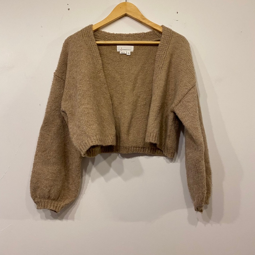By Anthropologie Cropped Open Front Cardigan Brown Balloon Sleeve OB2188806 OS